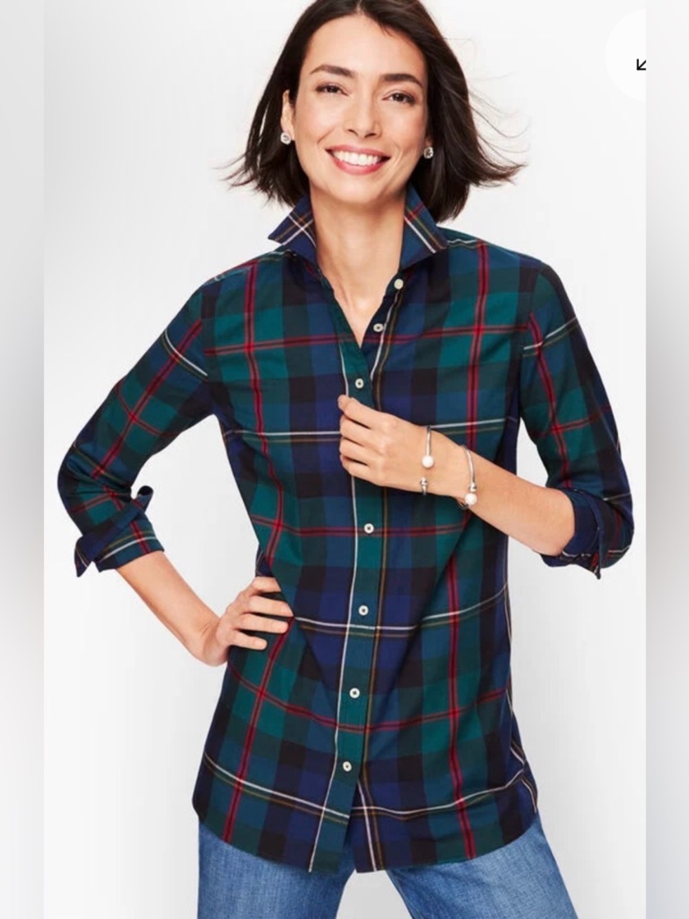 Talbots Classic Cotton Shirt | India Ink Plaid Button Front | Size L